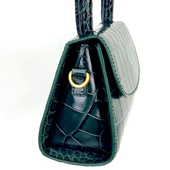 By Far Mini Dark Green Croco Embossed Leather Crossbody Top Handle Bag - Picture 2 of 8